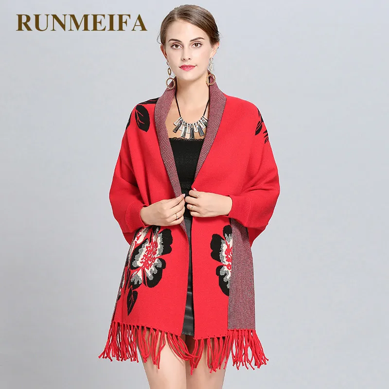 Женский вязаный кардиган RUNMEIFA теплый кашемировый из искусственного меха пончо