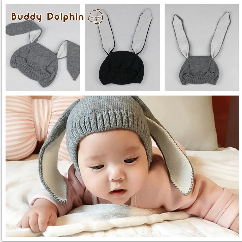 New Cotton Baby Cute Rabbit Ear Knitted Crochet Hats Toddler Winter Warm Beanie Caps Boy Girls Solid Color Hat For 0-3Y Old . | Детская