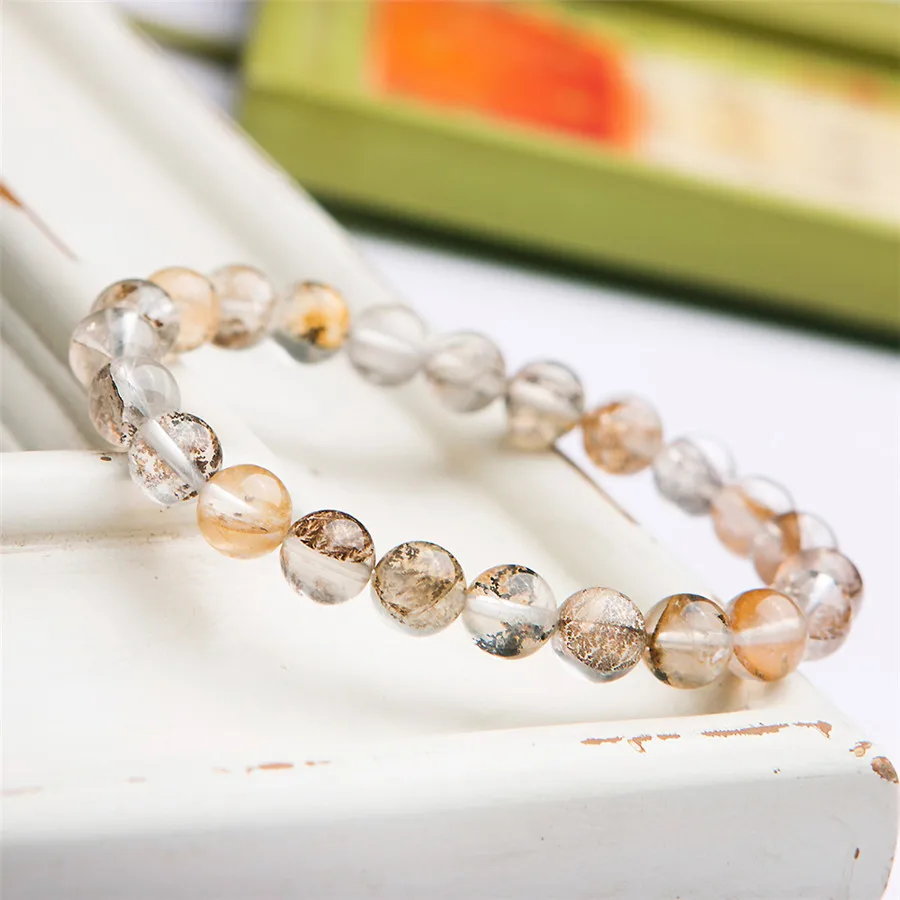8mm Natural Petrified Wood Contain Tree And Leaf Crystal Stretch Bracelet Drop Shipping | Украшения и аксессуары