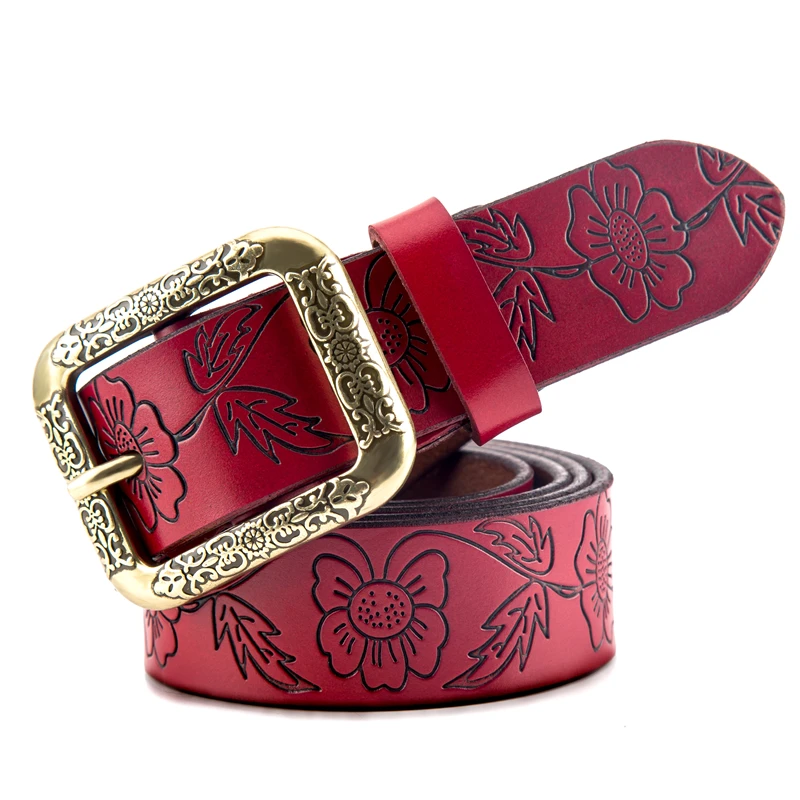 Винтажный женский ремень из натуральной кожи пояс воловьей с резным цветком для