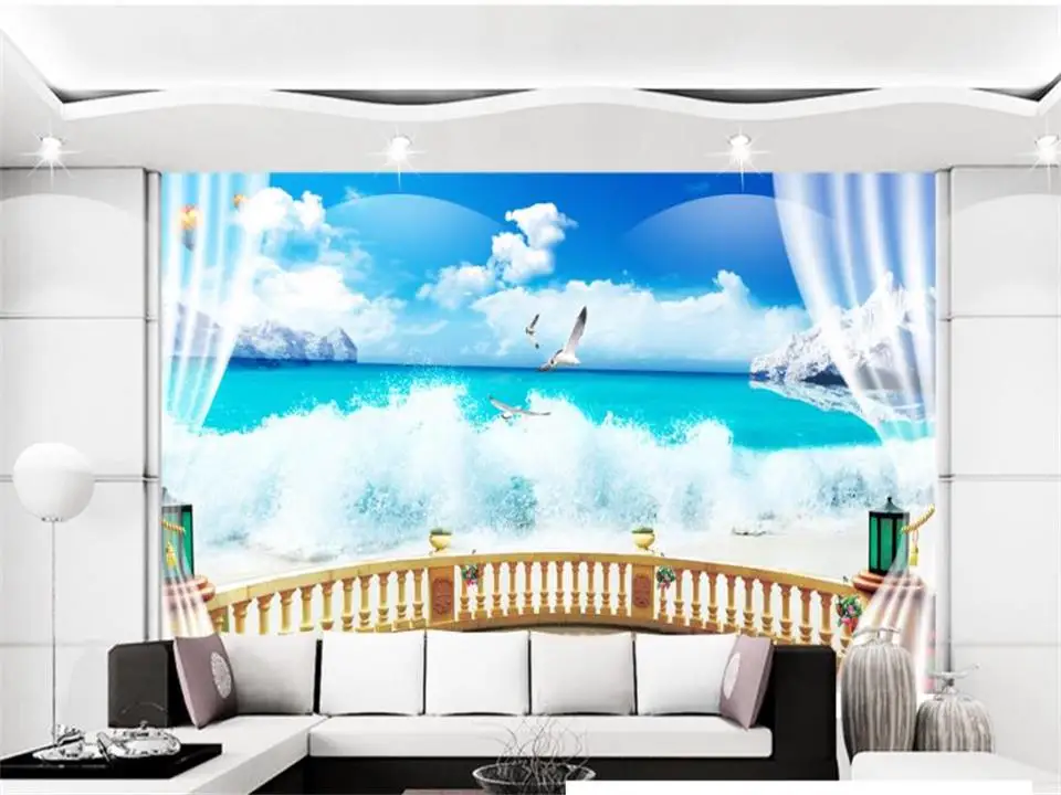 

3D-обои на заказ, фотообои для гостиной, с рисунком Морского Пейзажа, волнистыми окнами, диваном, фоном под телевизор, 3D-обои для стен