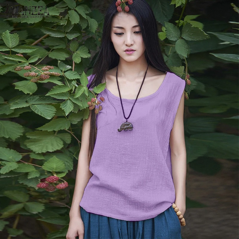 Женская винтажная блузка ZANZEA без рукавов большого размера|blusas femininas|sleeveless blousecotton