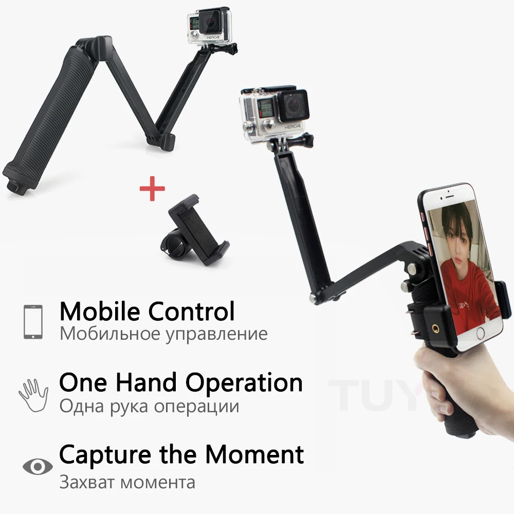 Go Pro Аксессуары 3 way Grip Arm штатив монопод Selfie stick Mount для Gopro Hero 4 5 xiaoyi SJCAM EKEN h9 sports