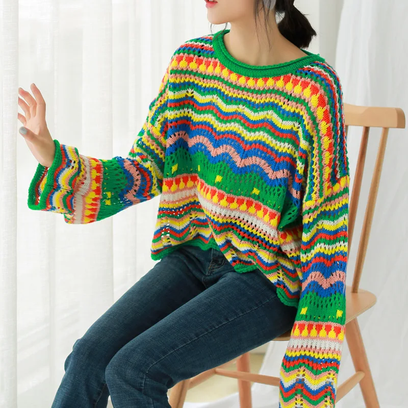 

2018 Spring Autumn Sweater Woman Colorful Striped Loose Casual Knitted Pullover Lady Long Sleeve Slim Knitwear Pull Femme