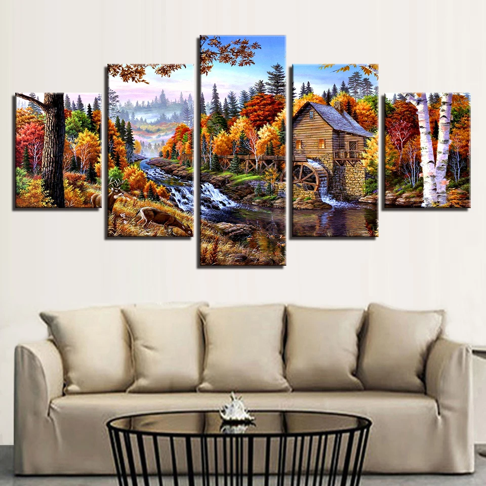 

Modern Prints Framed Wall Art 5 Pieces Wooden House Forest River Scenery Paintings Decor Artworks Canvas Pictures Modular Poster