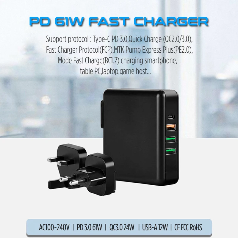Зарядное устройство STOD PD USB 61 Вт 4 порта Тип C Быстрая зарядка 3,0 Быстрая зарядка для iPhone Xr Xs Max iPad Pro Macbook Samsung Galaxy S10 S9 Note 9 8 Huawei Matebook Mi 9столы ноутбук USB-C QC3.0 адаптер питания