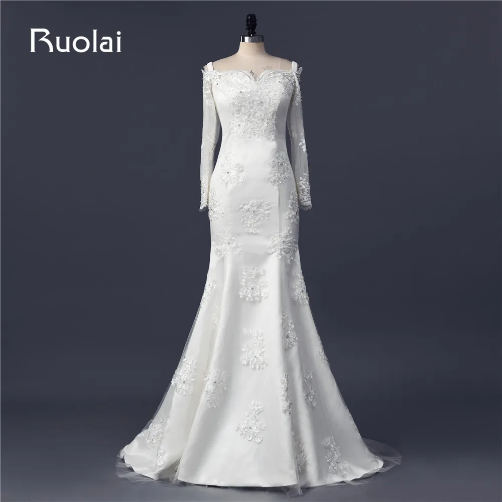 

Custom Made Real Long Sleeves Off the Shoulder Appliques Satin Mermaid Wedding Dresses with Crystal Long Bridal Gown FW85