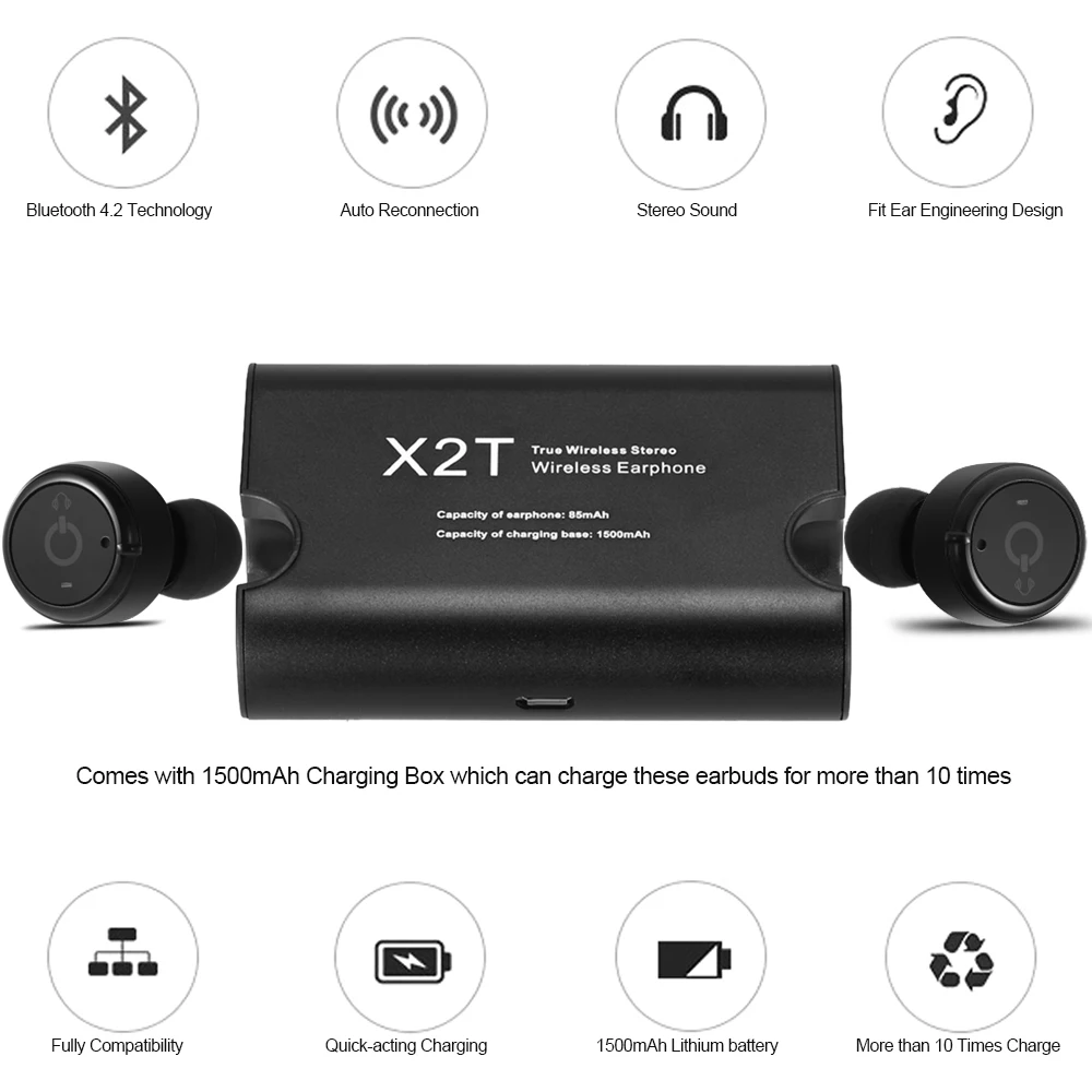 X2T TWS мини Беспроводной наушники Bluetooth 4 2 стерео гарнитуры музыка Hands free w/ 1500 мАч