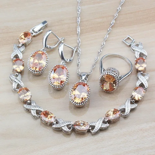 Champange 4pCS Винтаж Шампанский кубик циркония Овальные Ювелирные наборы из 925 серебра женский костюм серьги/ожерелье/браслет и кольцо наборы - Окраска металла: Champange 4pCS