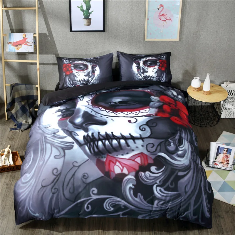 

Luxury Halloween Bedding Set Black Skull Bed Sheet Woman Bed Linen Cotton Blend Flower Skull Duvet Cover Set 3/4 pcs Twin Queen