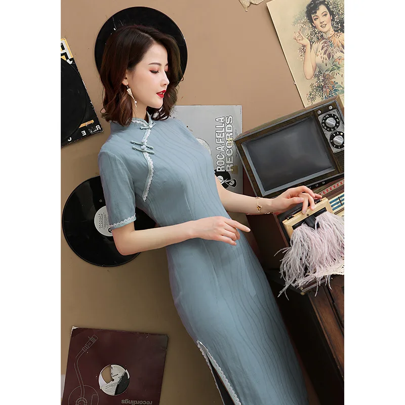Хлопок Лен короткий рукав китайский Женский Cheongsam сексуальное Элегантное Длинное Платье Лето тонкий Qipao Мандарин Воротник Vestidos