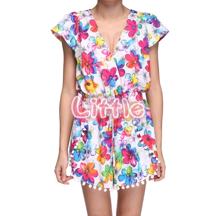 Hot Sale Rompers jumpsuit female 2014 Summer Sexy Short Jumpsuit Deep V neck With Small Ball Beach Playsuits B2# 41|jumpsuit pattern|jumpsuits