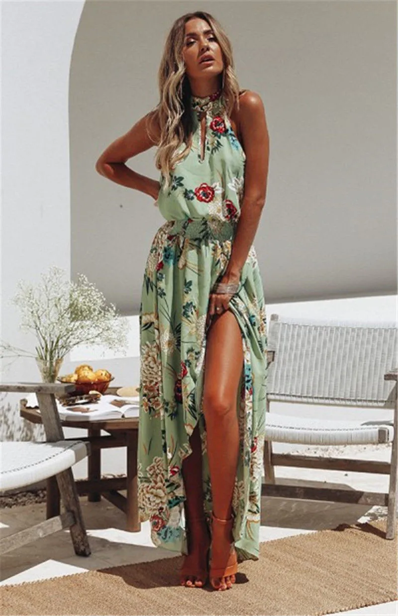 Halter Style Women Casual Loose Dress Floral Printing Sleevelss Ladies BOHO Beach Sundress Lady Maxi | Женская одежда
