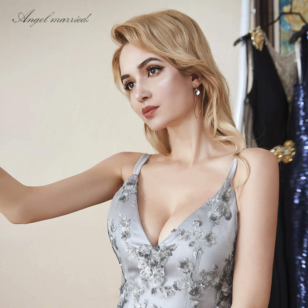 Женское вечернее платье Angel Серебряное Вечернее с открытой спиной аппликация для