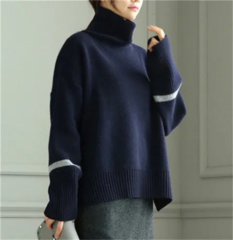 dark blue Козий кашемир толстый вязаный женский модный однотонный Свободный пуловер с высоким воротником и открытым подолом свитер серый 2 цвета M-XL оптом и в розницу - Цвет: dark blue