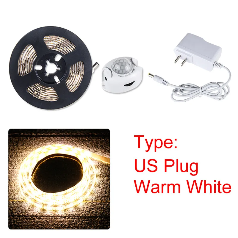 sensor US warm white Светодиодный движения Сенсор под шкаф Ночной светильник 12В гибкий Светодиодные ленты 2835SMD лента США ЕС Питание шкаф-кровать светильник - Цвет: sensor US warm white