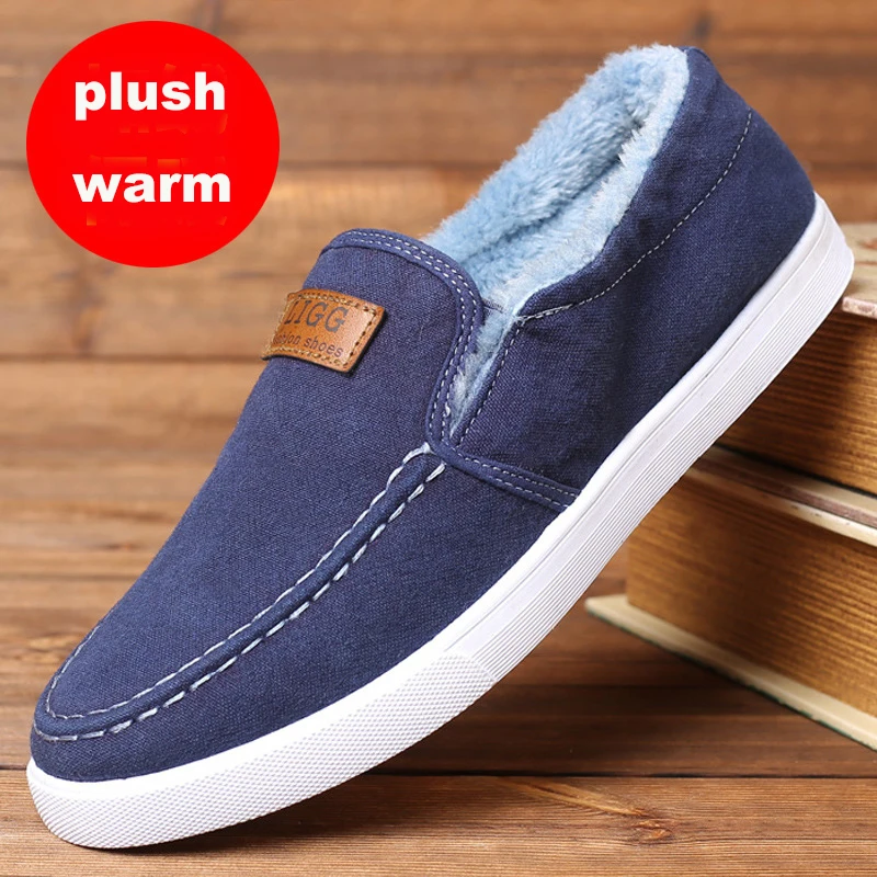 Winter Men's Casual Shoes Canvas Autumn Warm Short Plush Breathable Slip On Black Designer Fur Male Boots Men | Обувь