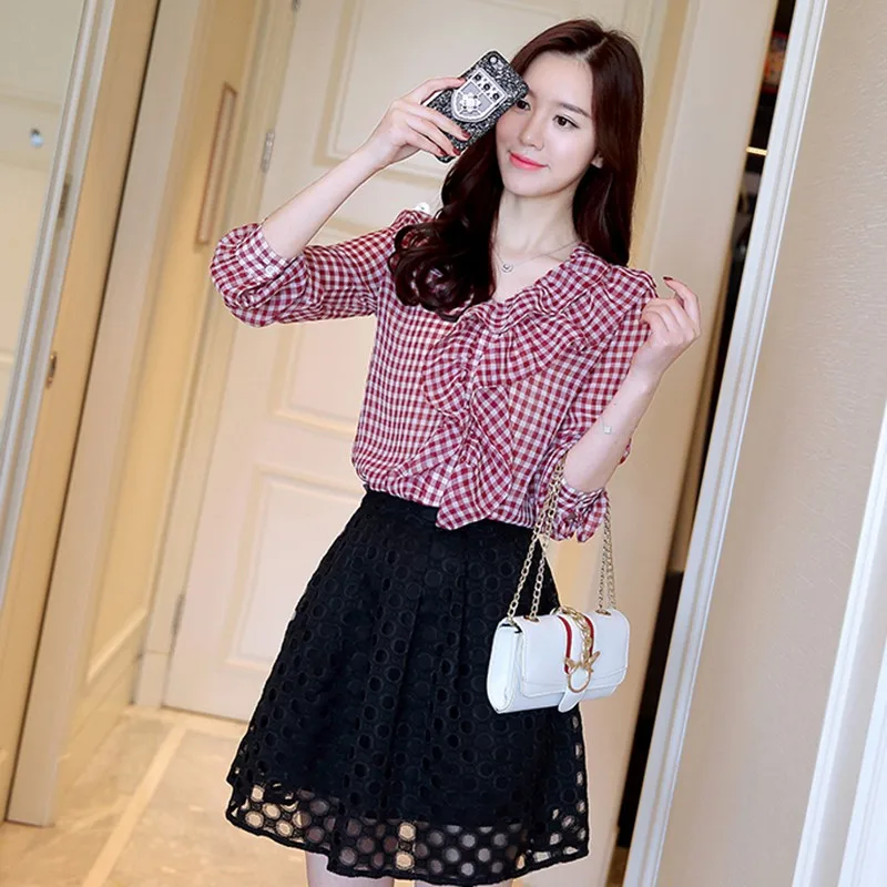 Новинка 2017 года осень оборками Блузка Для женщин красный плед Топы для Женская