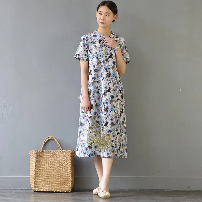 Женское льняное платье трапеция с коротким рукавом и цветочным принтом|linen dress|linen