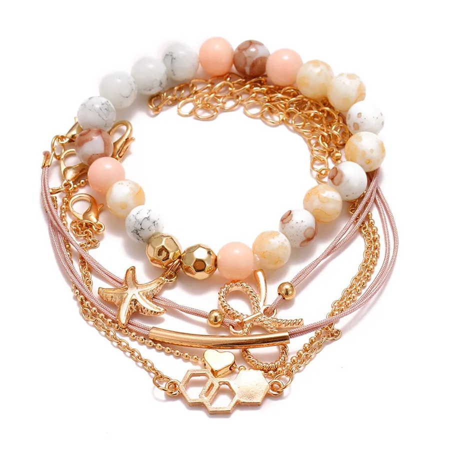 Pulseras Mujer богемные браслеты для женщин розовый камень Tiney Bowknot звезда геометрические эффектные женские