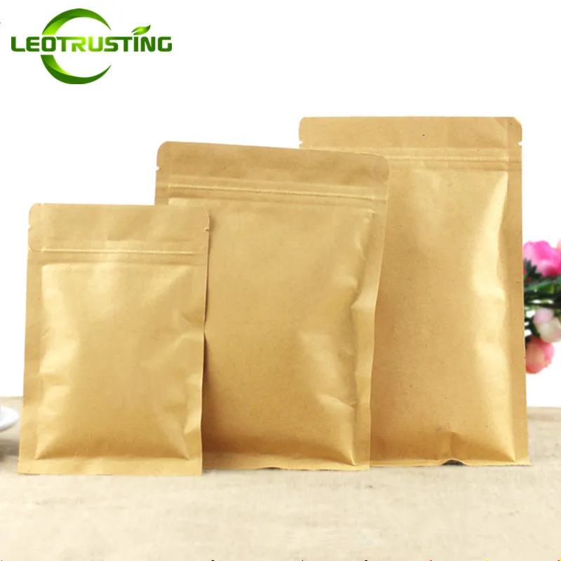 100pcs Flat Kraft Paper Foil Inside Zip Lock Bag Resealable Snack Coffee Sugar Powder Beans Salt Heat Sealing Packaging Pouches