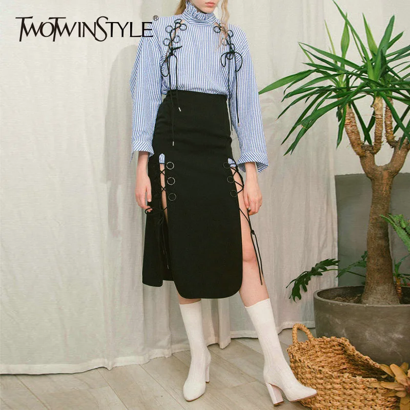 TWOTWINSTYLE 2019 осенний винтажный Женский комплект из двух предметов рубашка в полоску