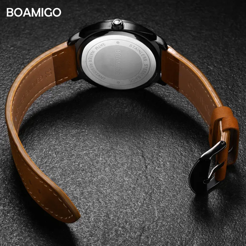 Модные мужские часы BOAMIGO Топ бренд Роскошные Кварцевые кожаный ремешок