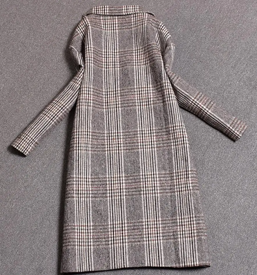 Женское шерстяное пальто в клетку длинное двубортное зимнее пальто|Женские