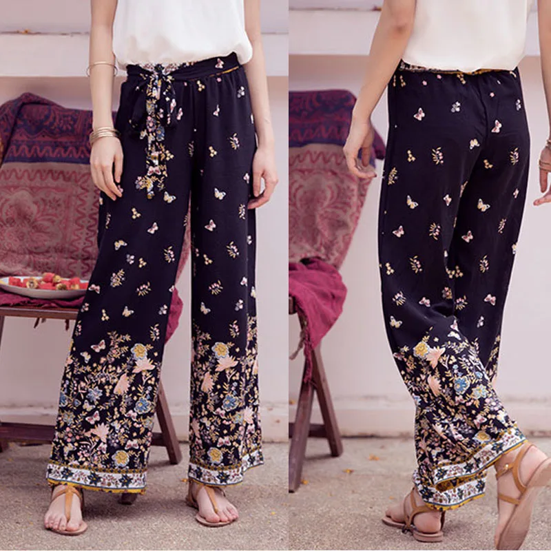 2019 поясом цветочным принтом свободные штаны женские Бохо повседневные шифоновые