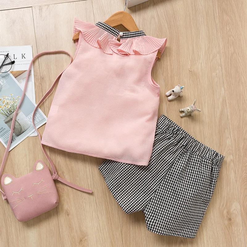 2019 girls clothes sets summe new children fashion cotton sleeveless tops+plaid shorts 2pcs suits for kids casual clothing | Детская