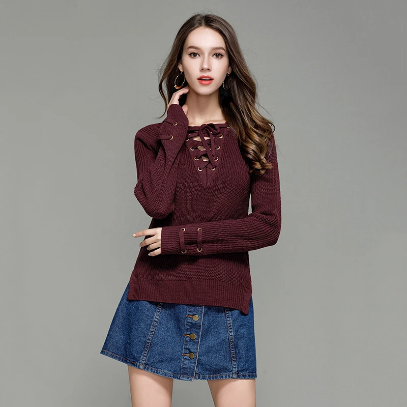 Осенне-зимний Однотонный свитер со шнуровкой и v-образным вырезом женская