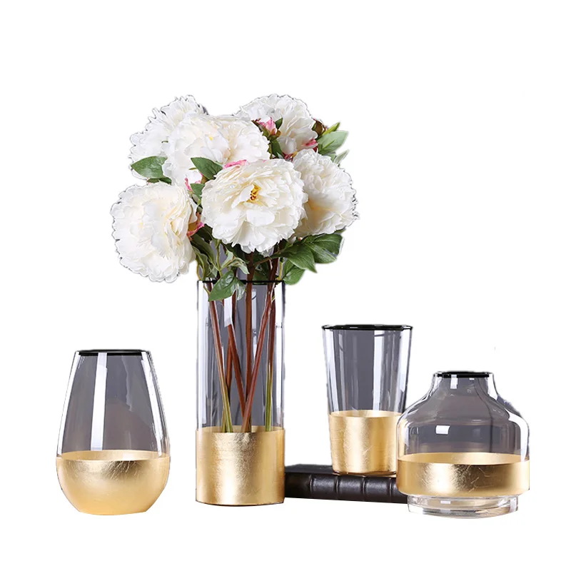 

European Glass Flower Vase with Gold Foil Figurines Living Room Decor Gold Tabletop Vase Crafts Household Ornament Wedding Gifts