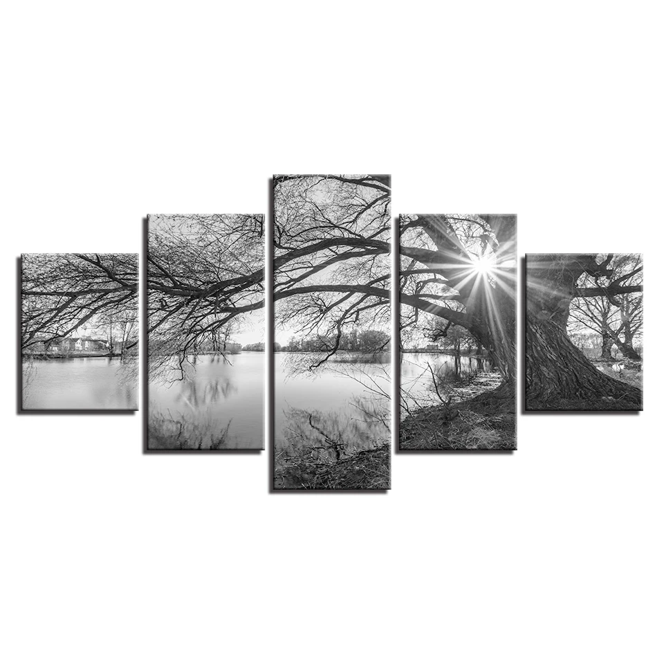 

HD Printed Modular Pictures Living Room Home Wall Art Decor 5 Pieces Lakeside Big Trees Paintings Black White Landscape Posters