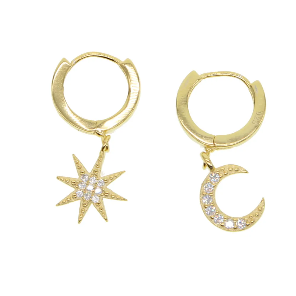 Серебро 925 Асимметричная нежный золотистый цвет moon star cz серьги для женщин элегантные модные bling cz AB ювелирные изделия