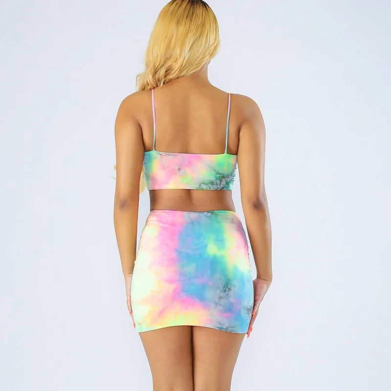 

NORMOV Printed Women Sets Sexy O Neck Sleeveless Backless Short Tops And Above Knee Spandex Mini Dresses Sexy Two Peice Sets