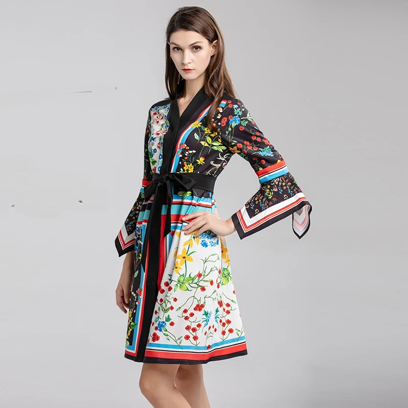2019 Summer Pretty Floral Print Dress High Quality Fashion V_neck Three Quarter Flare Sleeve Loose Cute With Sashes | Женская одежда