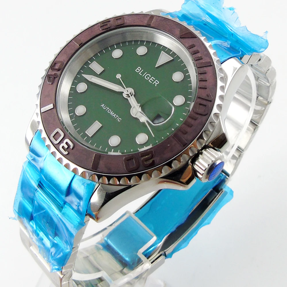 

Bliger 40mm green dial date coffee Ceramics Bezel luminous saphire glass Automatic movement Men's watch