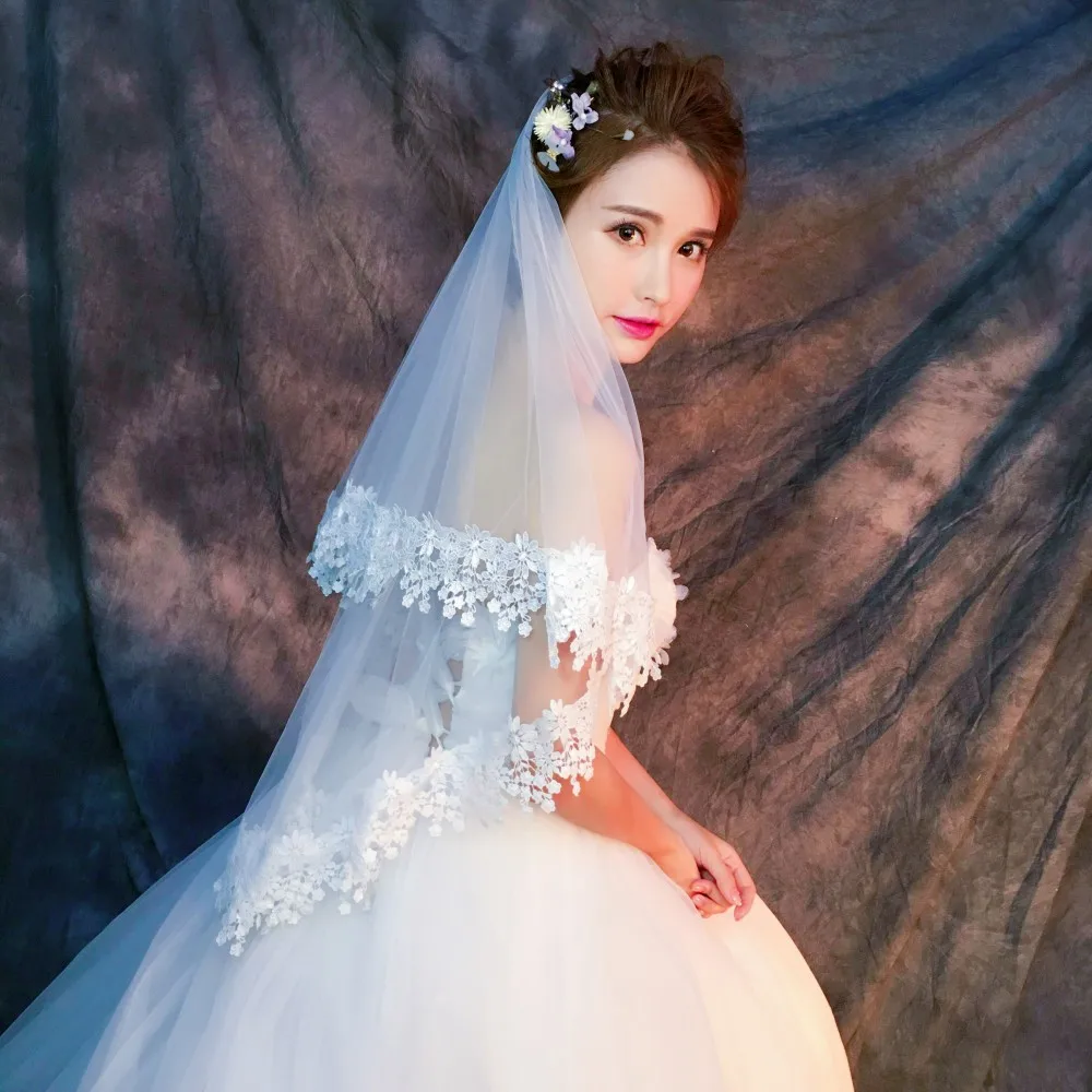 Кружевная короткая свадебная вуаль длиной около 1 5 м фата цвета слоновой кости