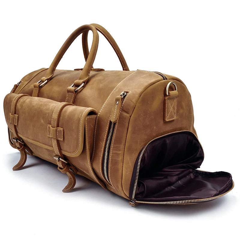 Vintage Men Travel Bag Crazy Horse Genuine Leather Big Travel Duffel Bag With Shoe Pocket Large Luggage Business Bags Handbag