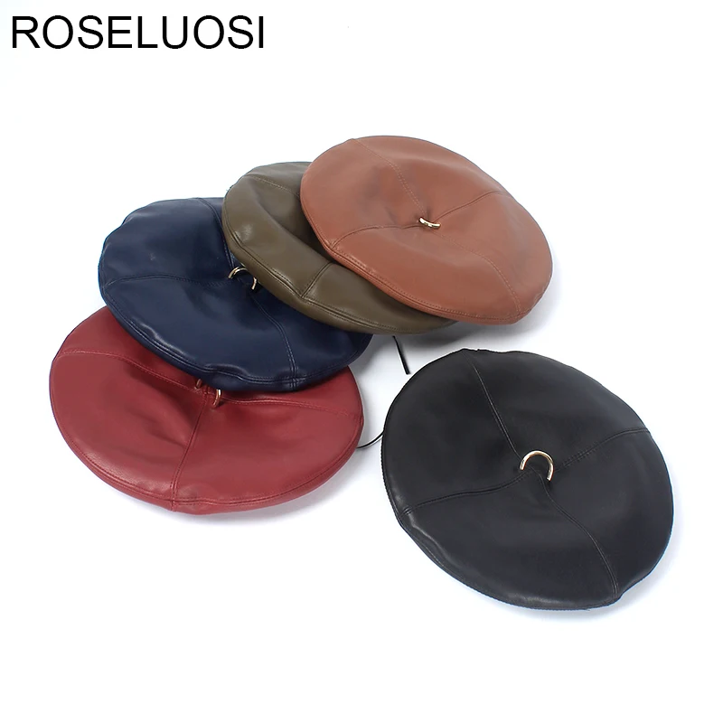 ROSELUOSI осенне зимние кожаные береты шапка 2018 новый модный однотонный берет из