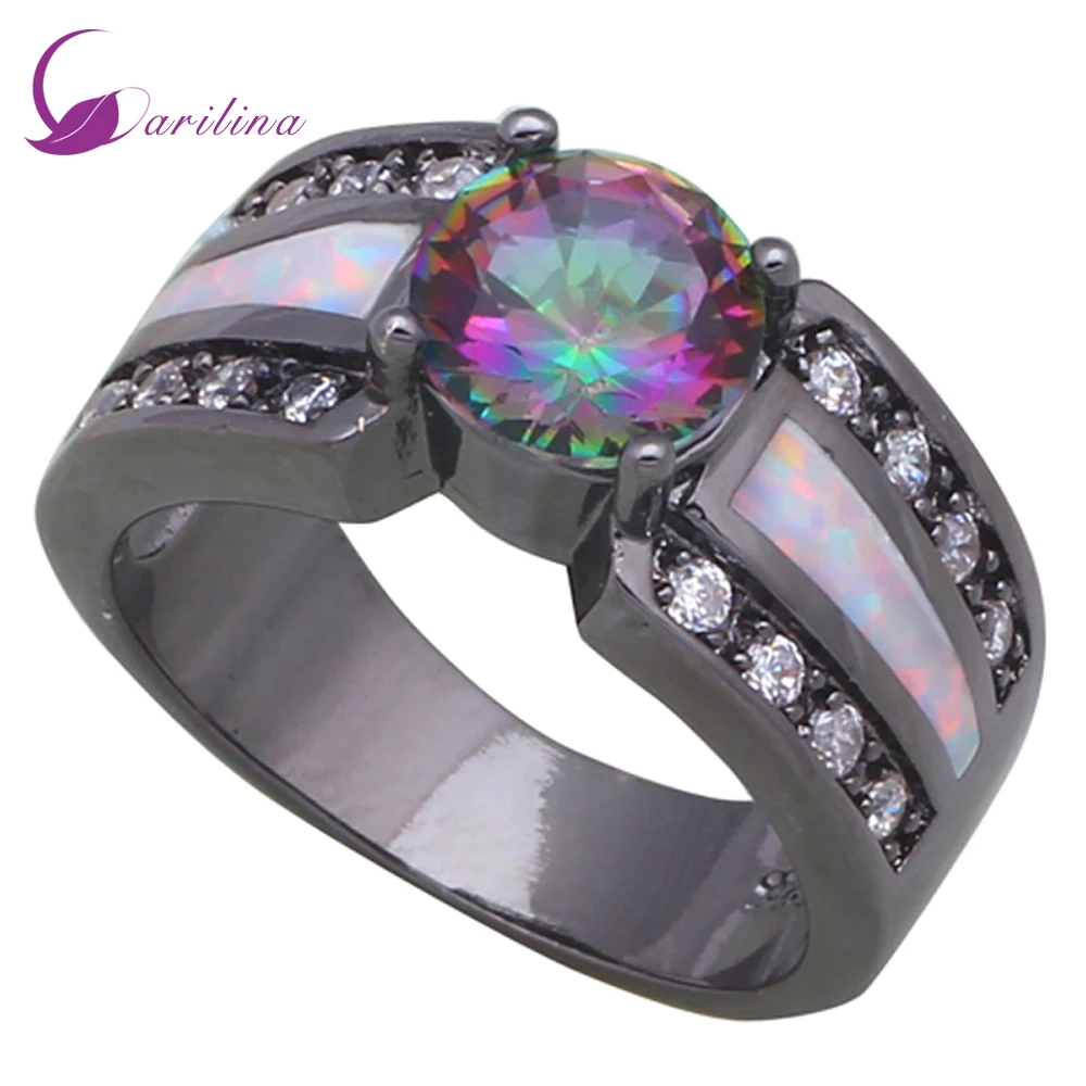 

New 2021 Gift Shiny Rainbow Mystic Cubic Zirconia Pink Opal Party Women' Ring Black Gun Plated Jewelry Ring Size 5 6 7 8 9 R480