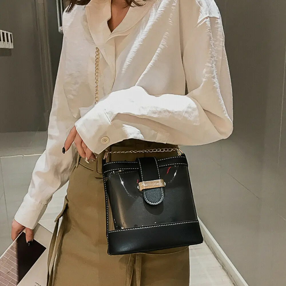 

New Women Clear PVC Transparent Chain Jelly Handbag Tote Purse Lady Casual Messenger Crossbody Shoulder Bag