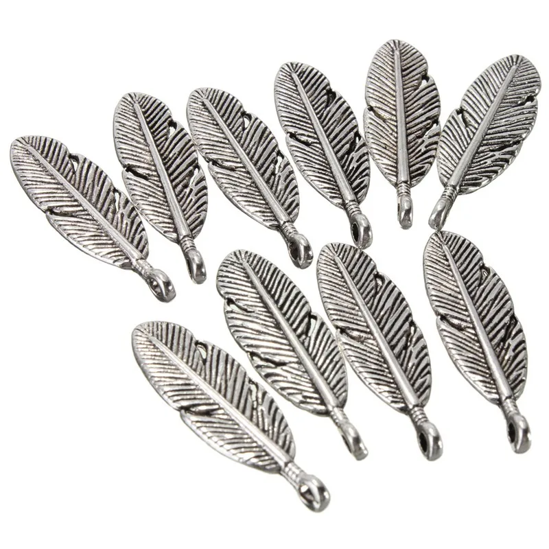 

Новинка, 10 шт тибетские серебряные бусины, с рисунком в виде пера 3D Подвески Кулоны из нержавеющей стали для серьги колье украшения фигурки ...