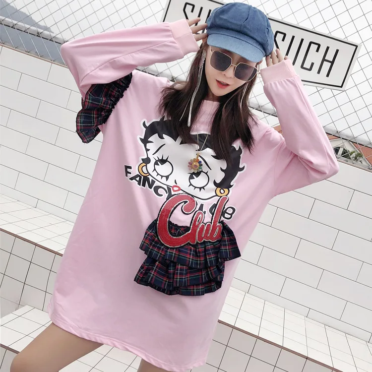 Women's sweater Thai street fashion 2019 spring new cartoon beauty letters sequins spell retro plaid loose T-shirt skirt women | Женская