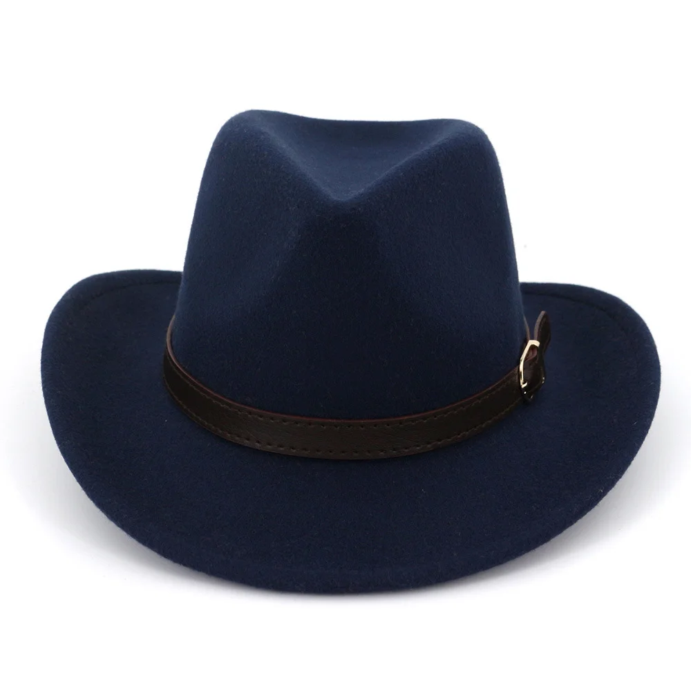 Navy blue Ковбойская фетровая шляпа с широкими полями в европейском и американском стиле, Панама, джазовая фетровая шляпа с кожаной пряжкой, простая шерстяная шляпа для мужчин и женщин - Цвет: Navy blue