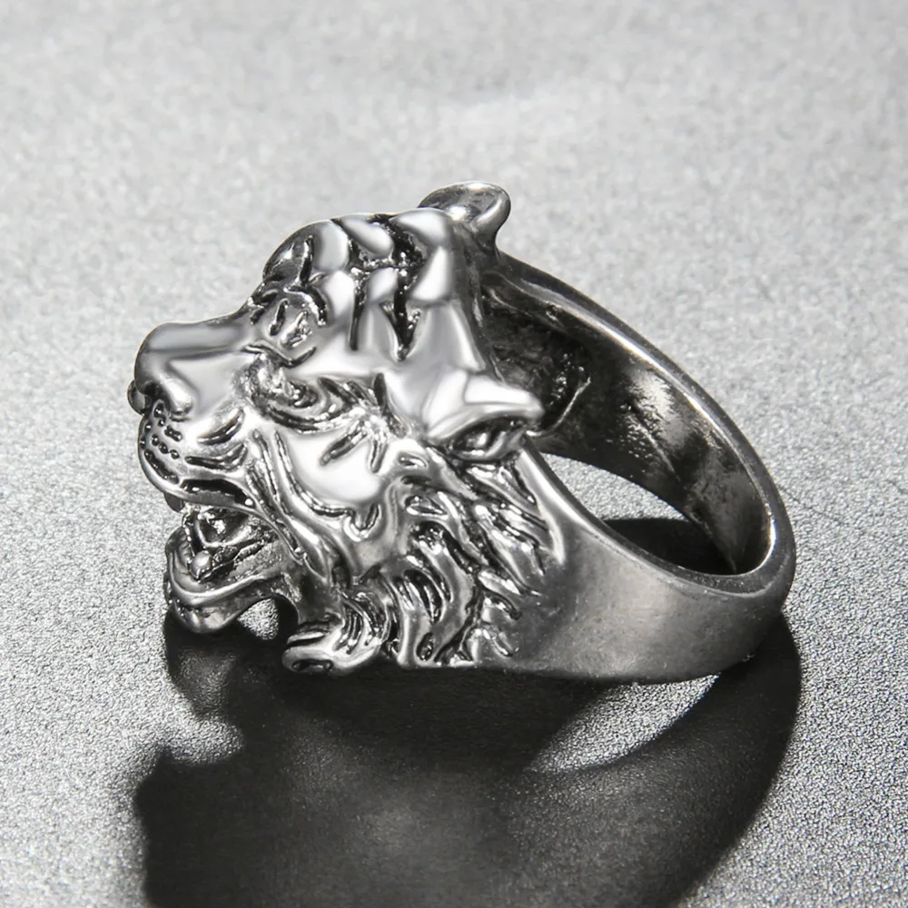 Men's Ring Biker Finger Rings European Gothic Punk Retro Style Animal Tiger Head Antique silver Color Statement For Men | Украшения и