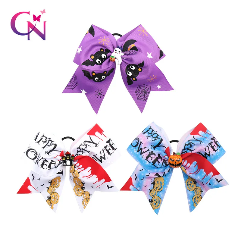 

CN 7" Halloween Funny Cheer Bows Elastic Hair Band For Kids Bat/Pumpkin Printed Hair Bows Girls Party Hair Accessories