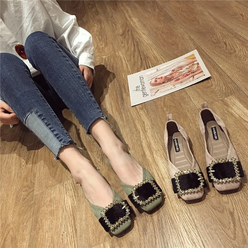 Wellwalk Crystal Buckle Ballerinas Ladies Flat Casual Shoes Women Square Toe Moccasins Mixed Color Ballet Flats Female Loafers