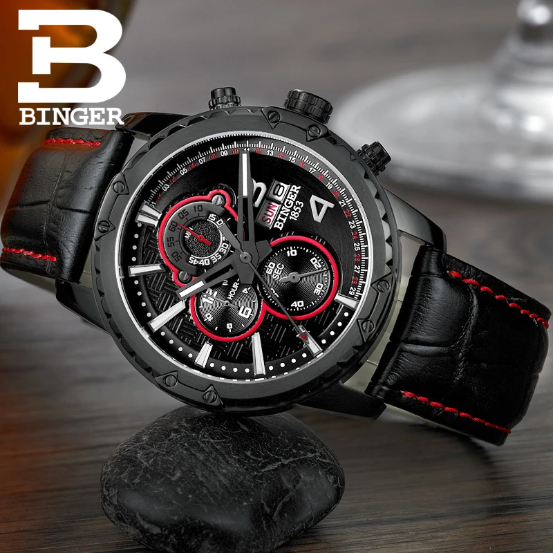 Watches Men Luxury Original Brand BINGER Sport Fashion wristwatch Chronograph waterproof Male leather Quartz watch|watch brand men|watch fashion