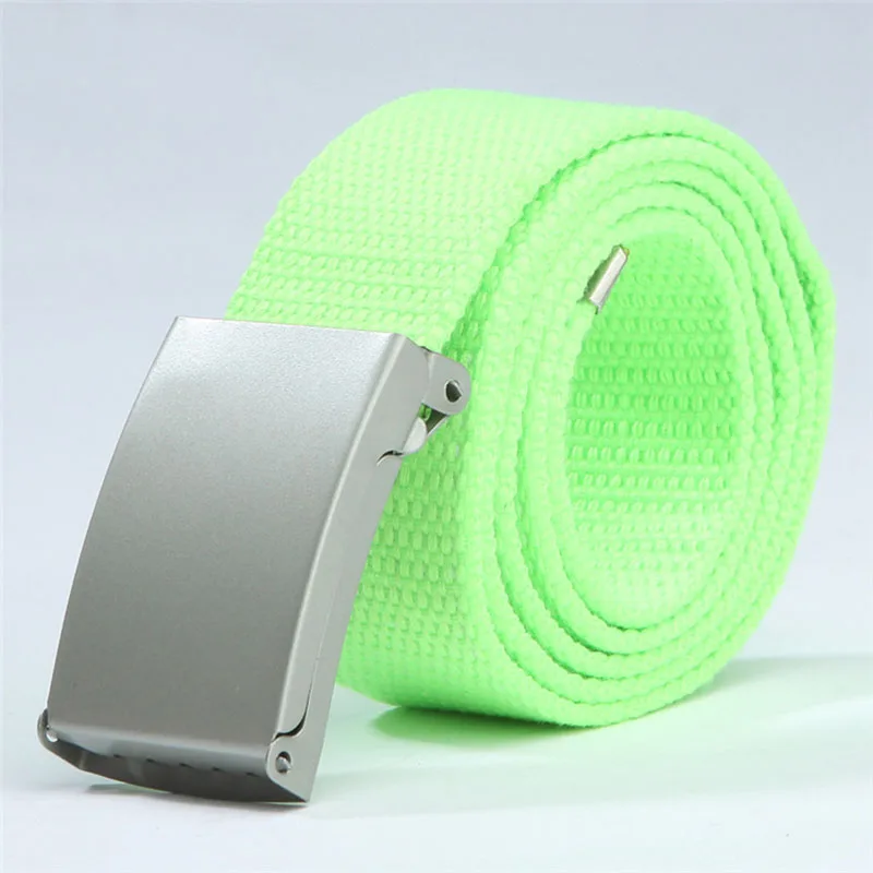 P Flourescent green Новинка, модные мужские и женские универсальные брезентовые ремни, унисекс, яркие цвета, ремень с твердой пряжкой, военные ремни для джинсов, ковбойские штаны, 110 см - Цвет: P Flourescent green